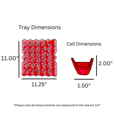 digital rendering, red plastic egg tray dimensons