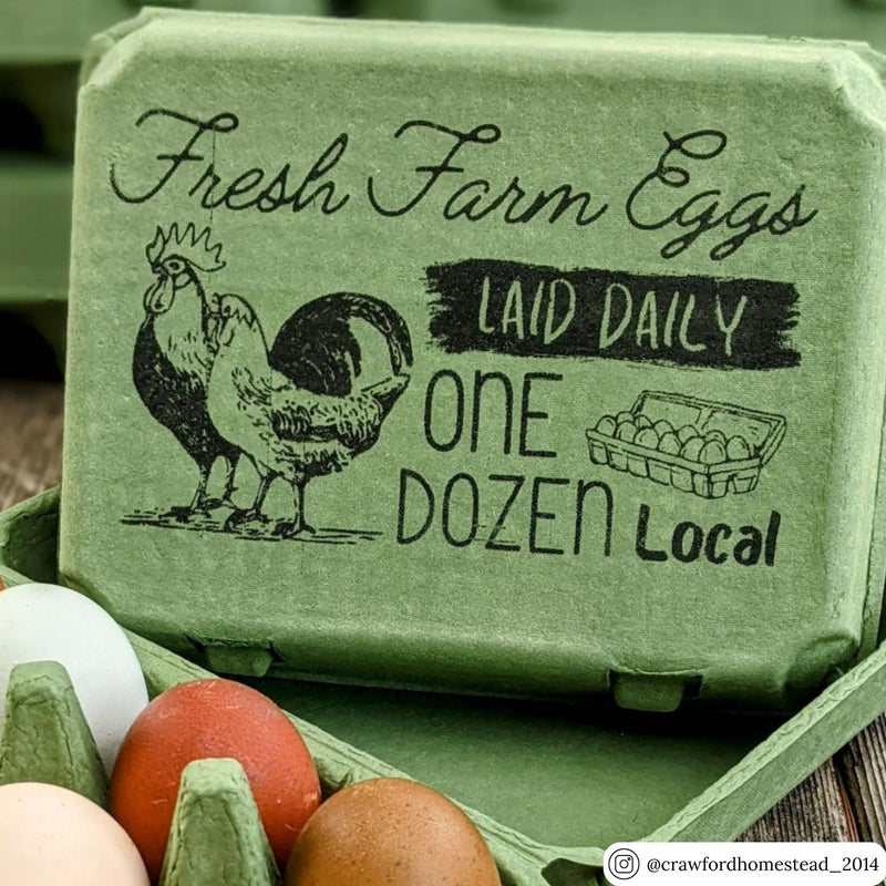 A green paper pulp vintage 12 egg carton with a customer stamp on the top