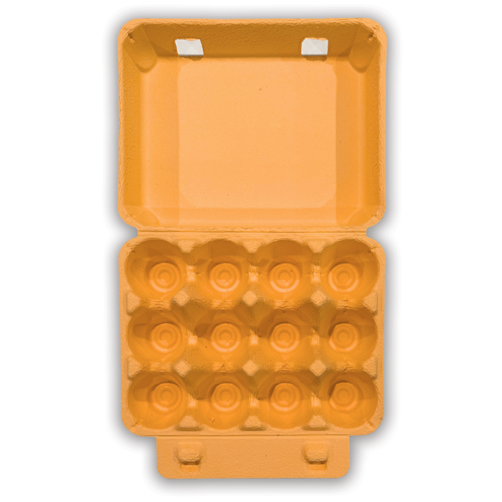 Open view of a 4x3 cell 12-egg vintage carton. Bright orange paper pulp material