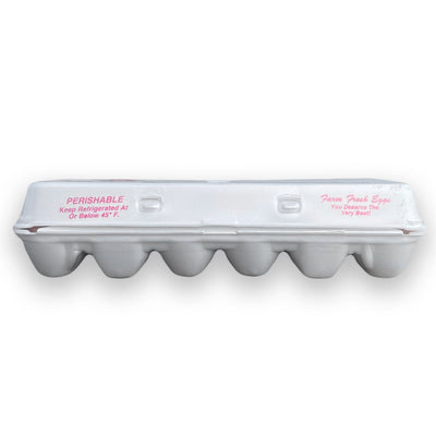 Front view, foam, white printed egg carton, wholesale, bulk